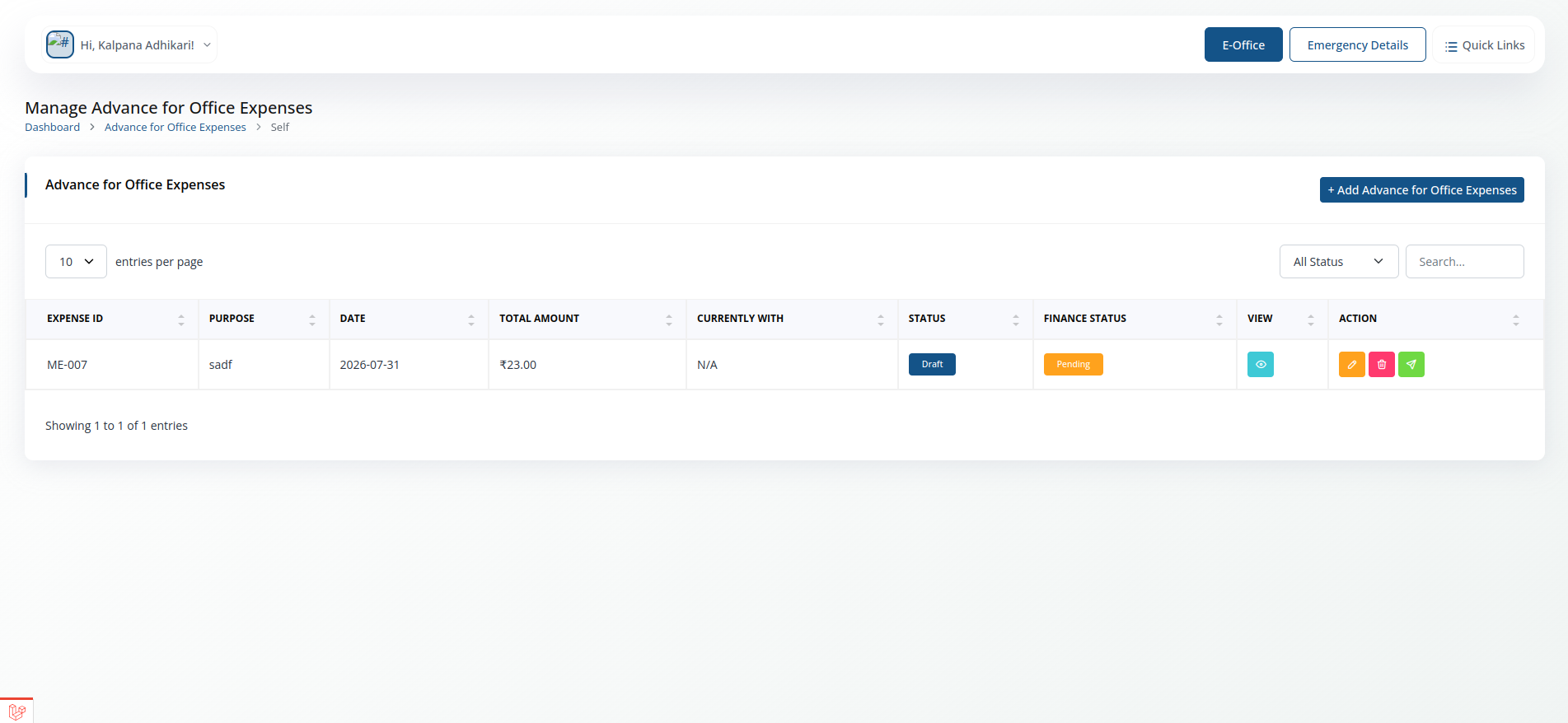 Advance for Office Expenses screenshot