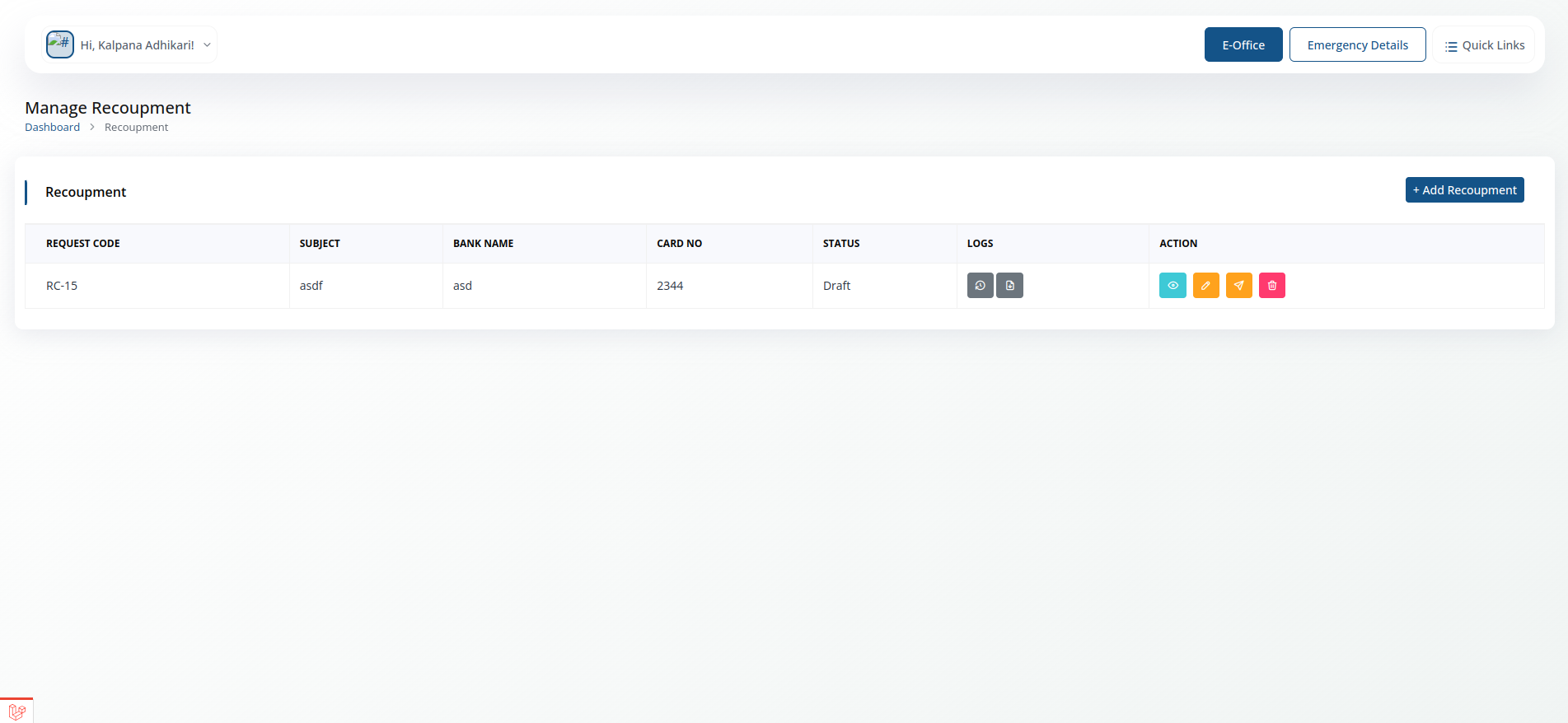 Recoupment screenshot