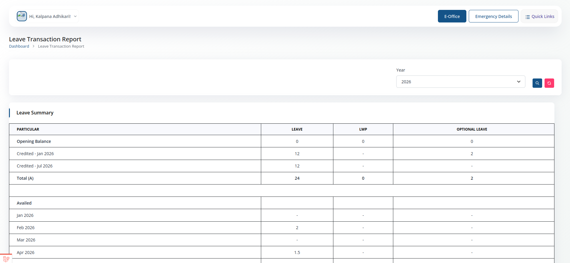 Leave Report screenshot