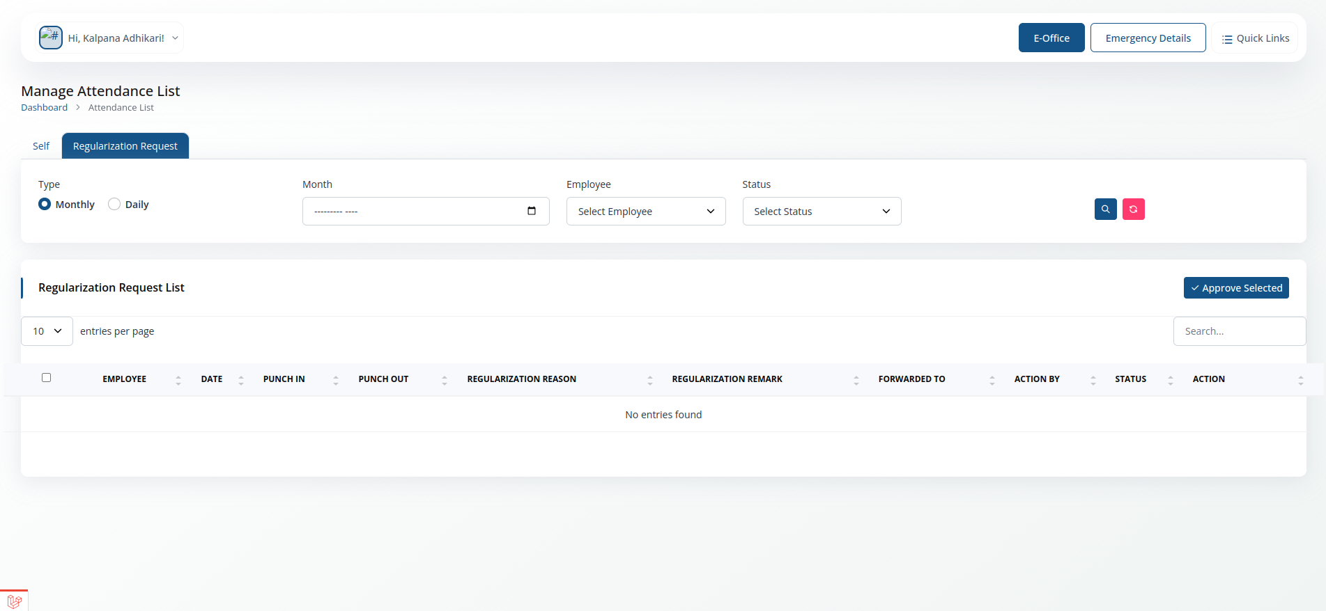 Manage Attendance ->Regulation Request screenshot