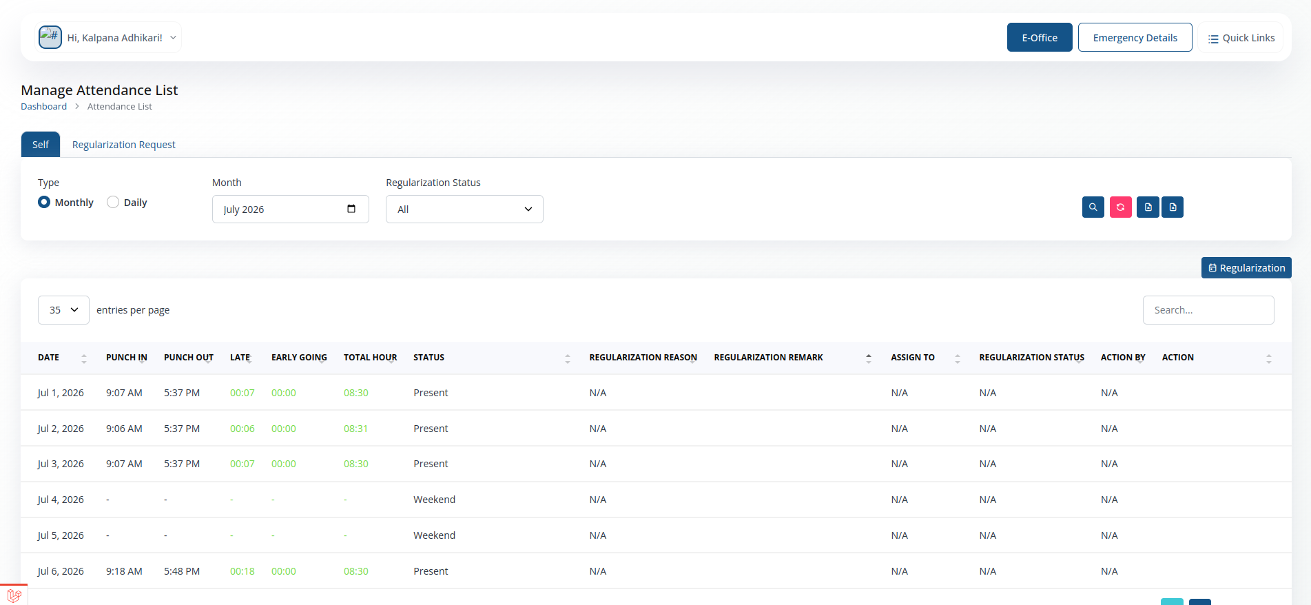 Manage Attendance ->Self screenshot