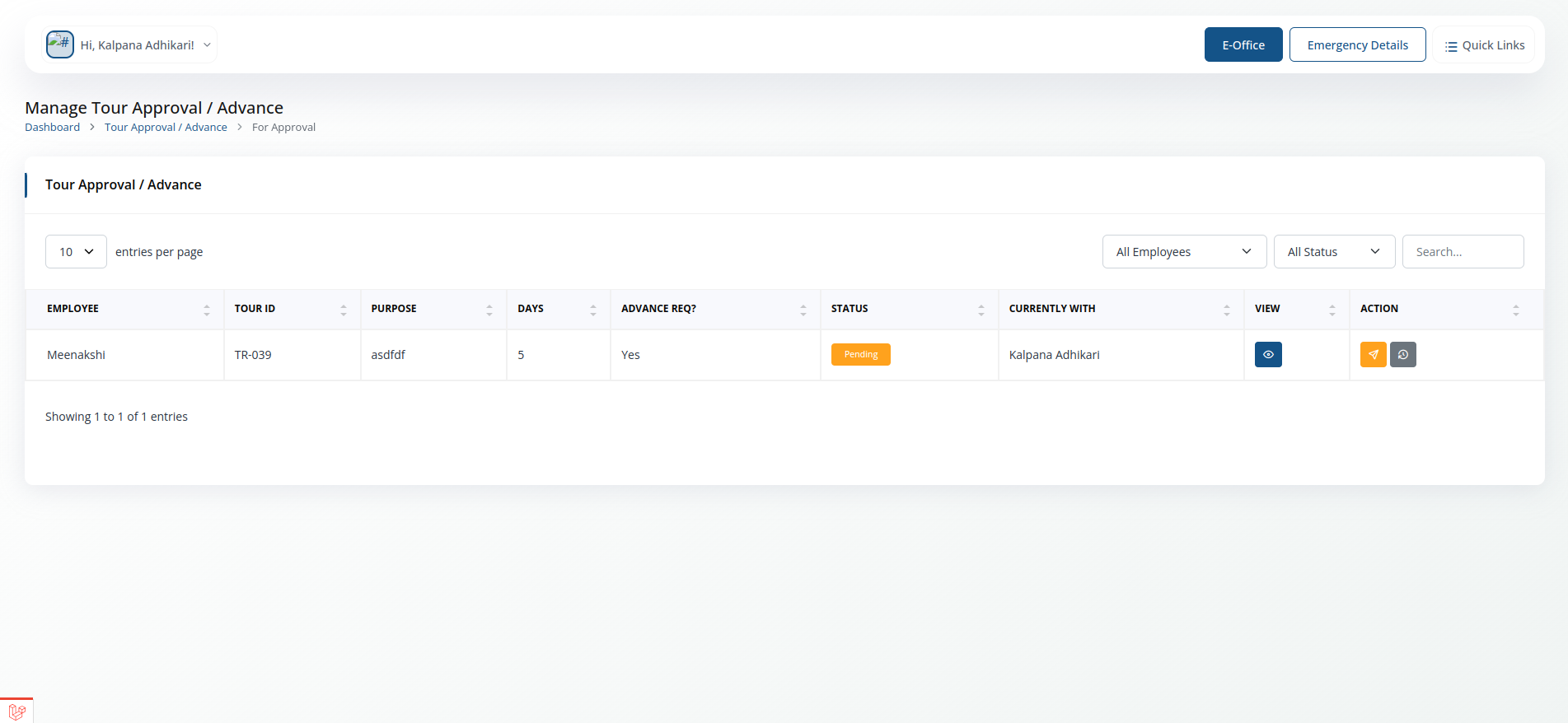 Tour Approval / Advance ->Approval screenshot